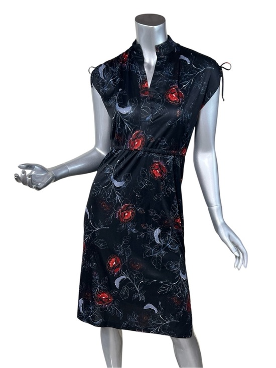 Vintage Dresses & Skirts - Vintage Women’s XS/SMALL Black Floral Dress Cap Tie Sleeves Stretch Waist Midi